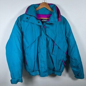 Vintage Hermans Womens 90s Goose Down Ski Jacket Sz L Colorful Heavy Snow Blue